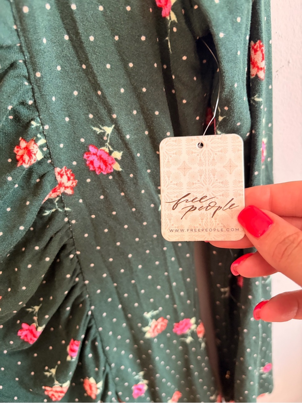 Free People Dark Green Floral Long-Sleeve Keyhole Mini Dress - Picture 6 of 9
